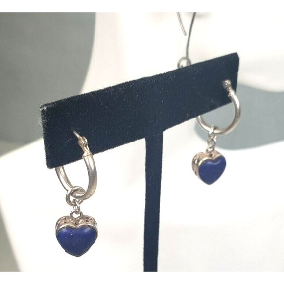 Stirling Silver 925 Lapis Heart Shaped Blue Gemstone Small Hoop Earrings - Picture 12 of 13